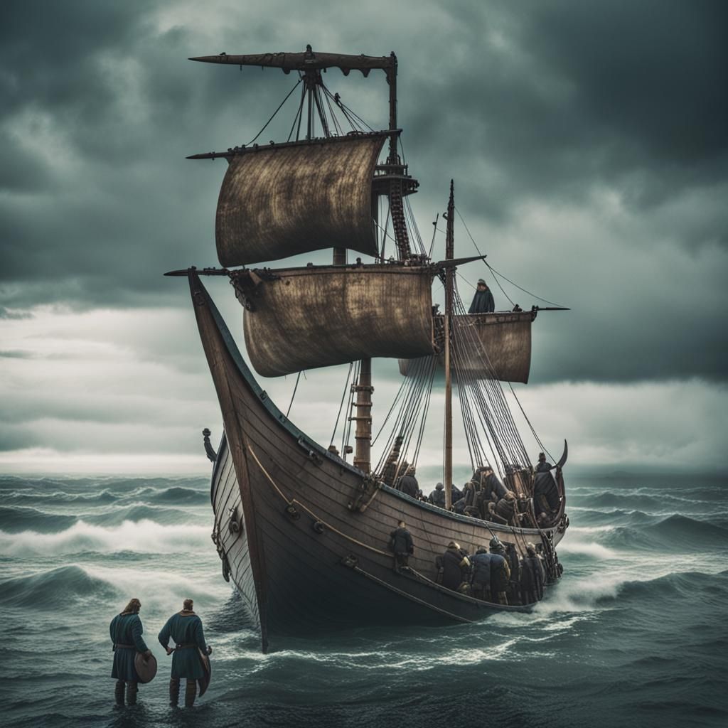 Viking Ship Departure on a Cloudy Day