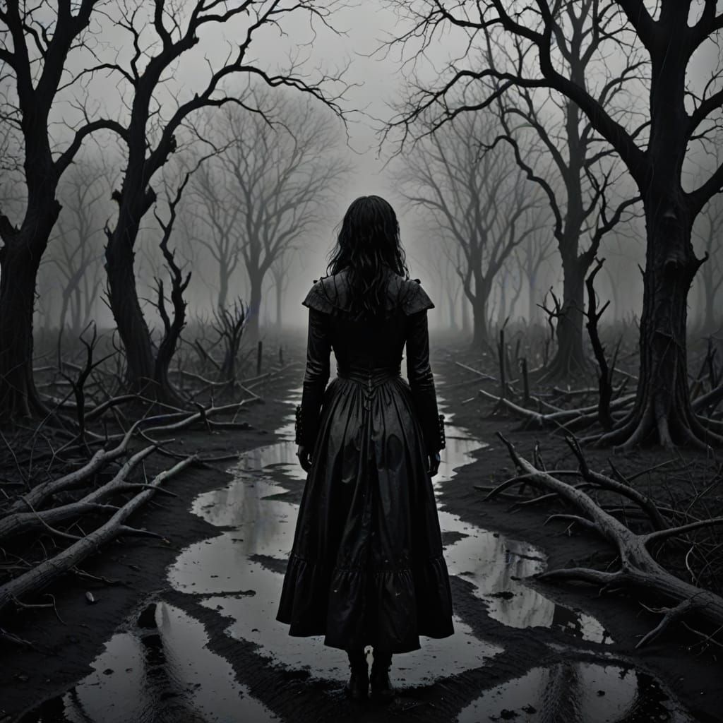 Gothic Girl Walks Sandy Path Through Dark, Monstrous Forest