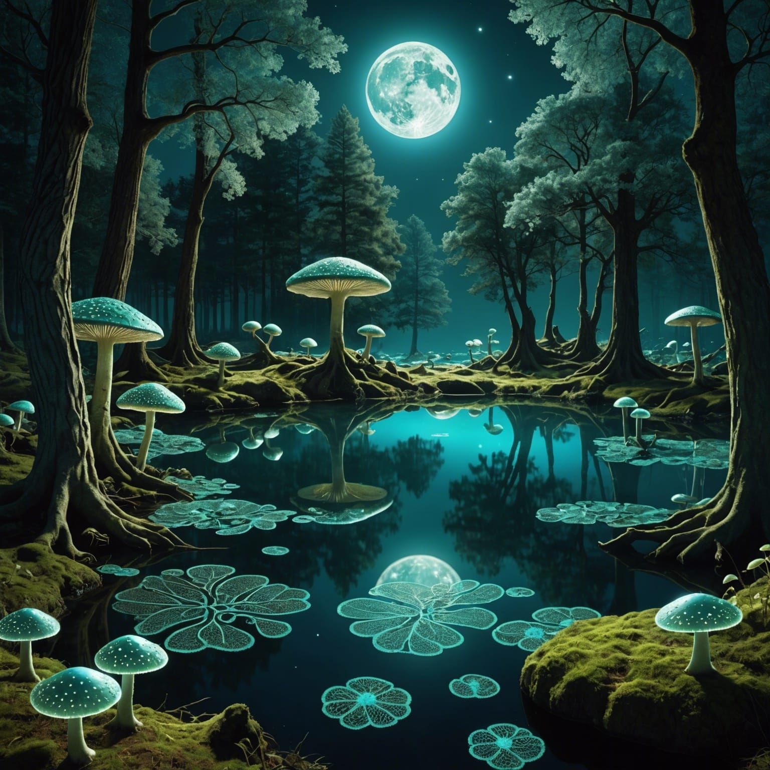 Moonlit Lake with Phosphorescent Fungi in Chiaroscuro