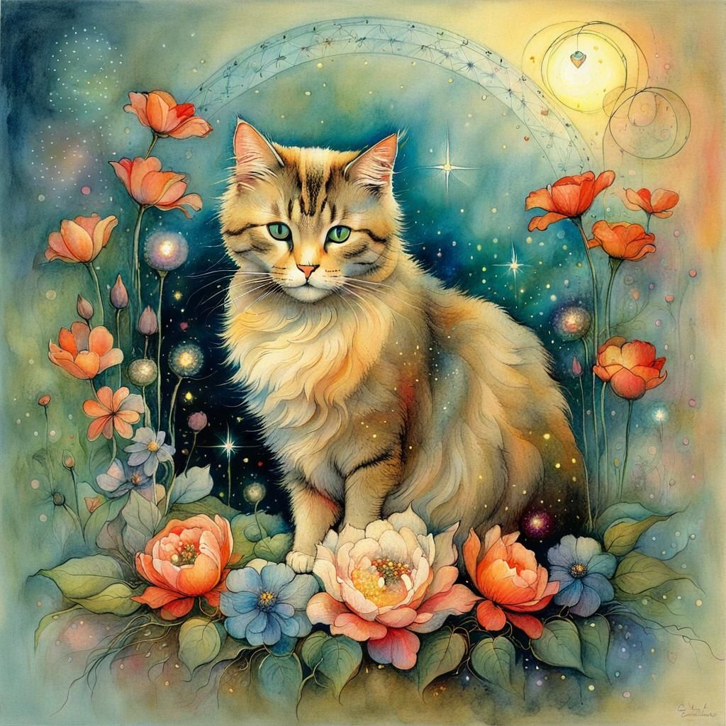 Cat on Pillow Surrounded by Flowers in Visionary Art