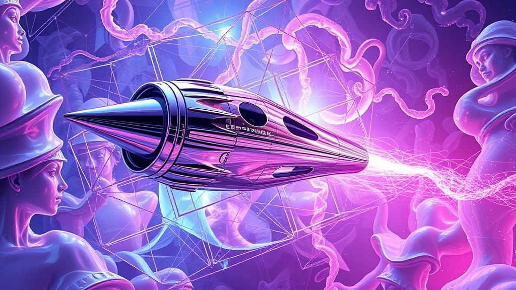 Futuristic Ferrofluid Rocket Trapped in 4D Tesseract