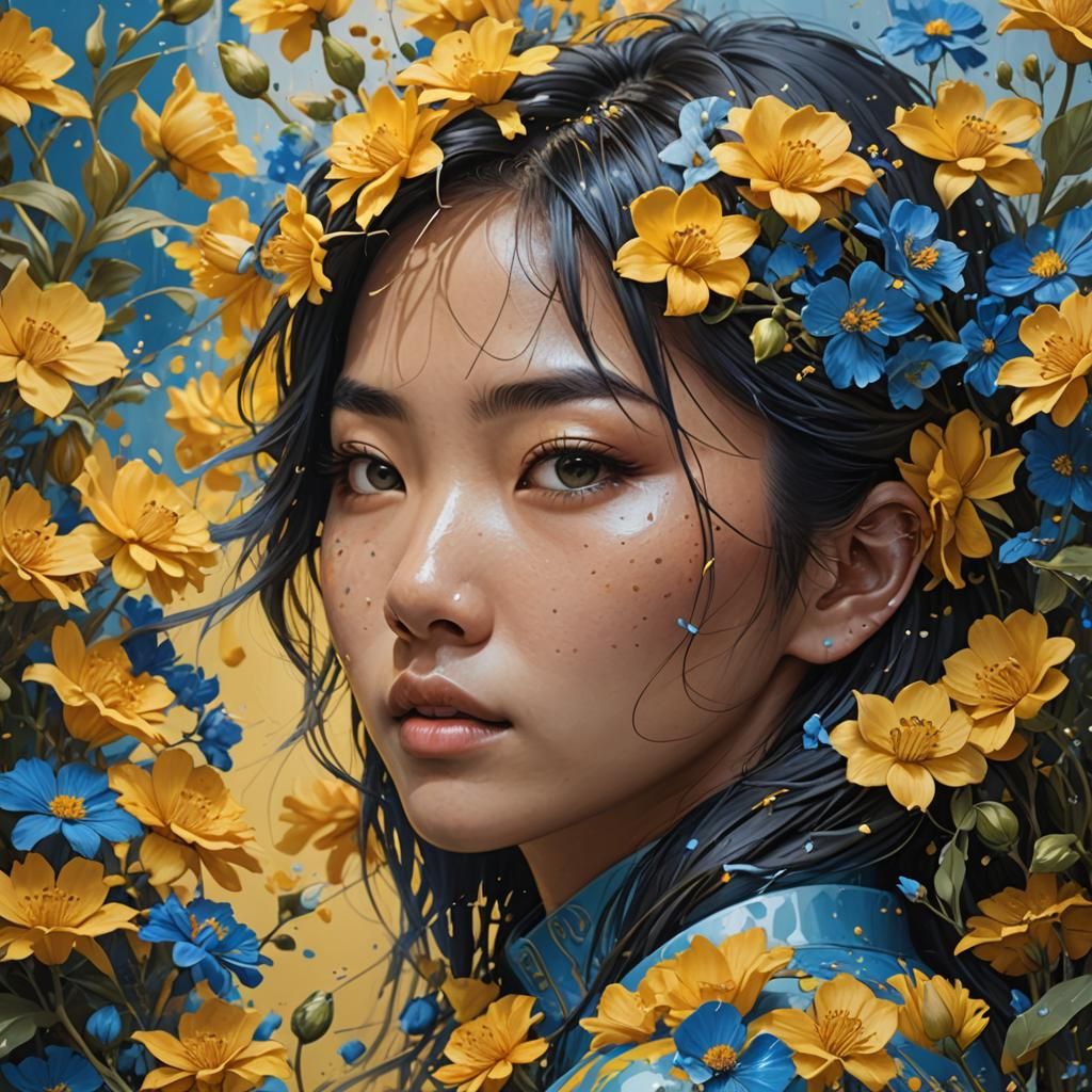 Hyperrealistic Asian Girl with Flowers, Splash Art