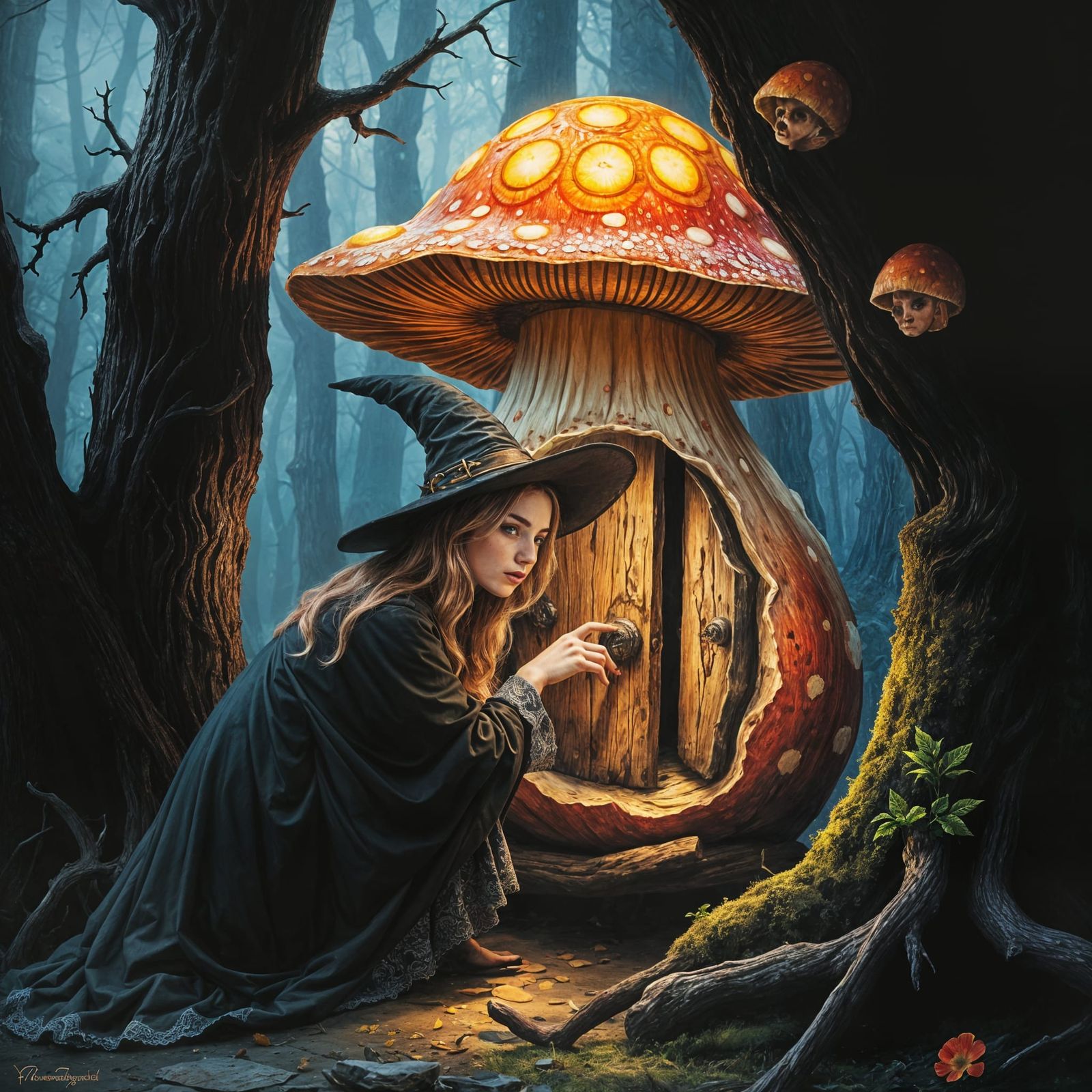 Dark Fantasy Witch Finds Mushroom Doorway
