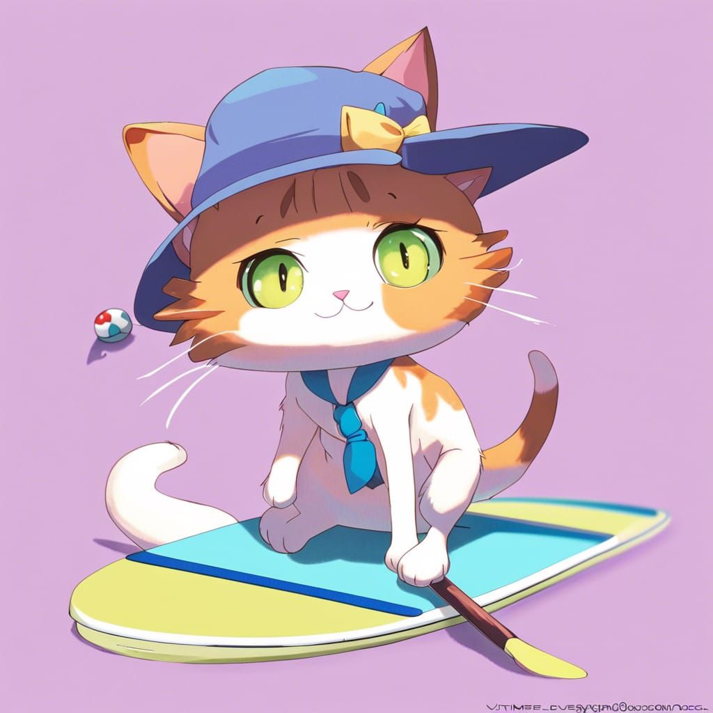 Anime Cat on Paddle Board with Hat