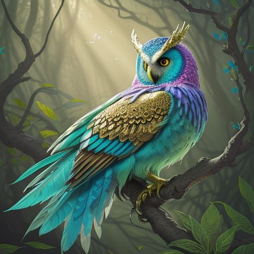 Golden Owl in Enchanted Forest with Iridescent Feathers and ...