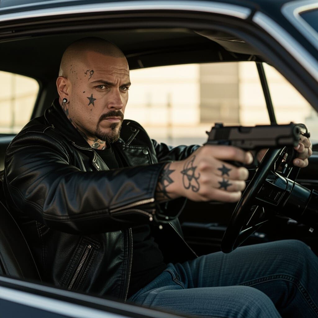 Tense Car Scene with Tattooed Man in Cinematic Realism