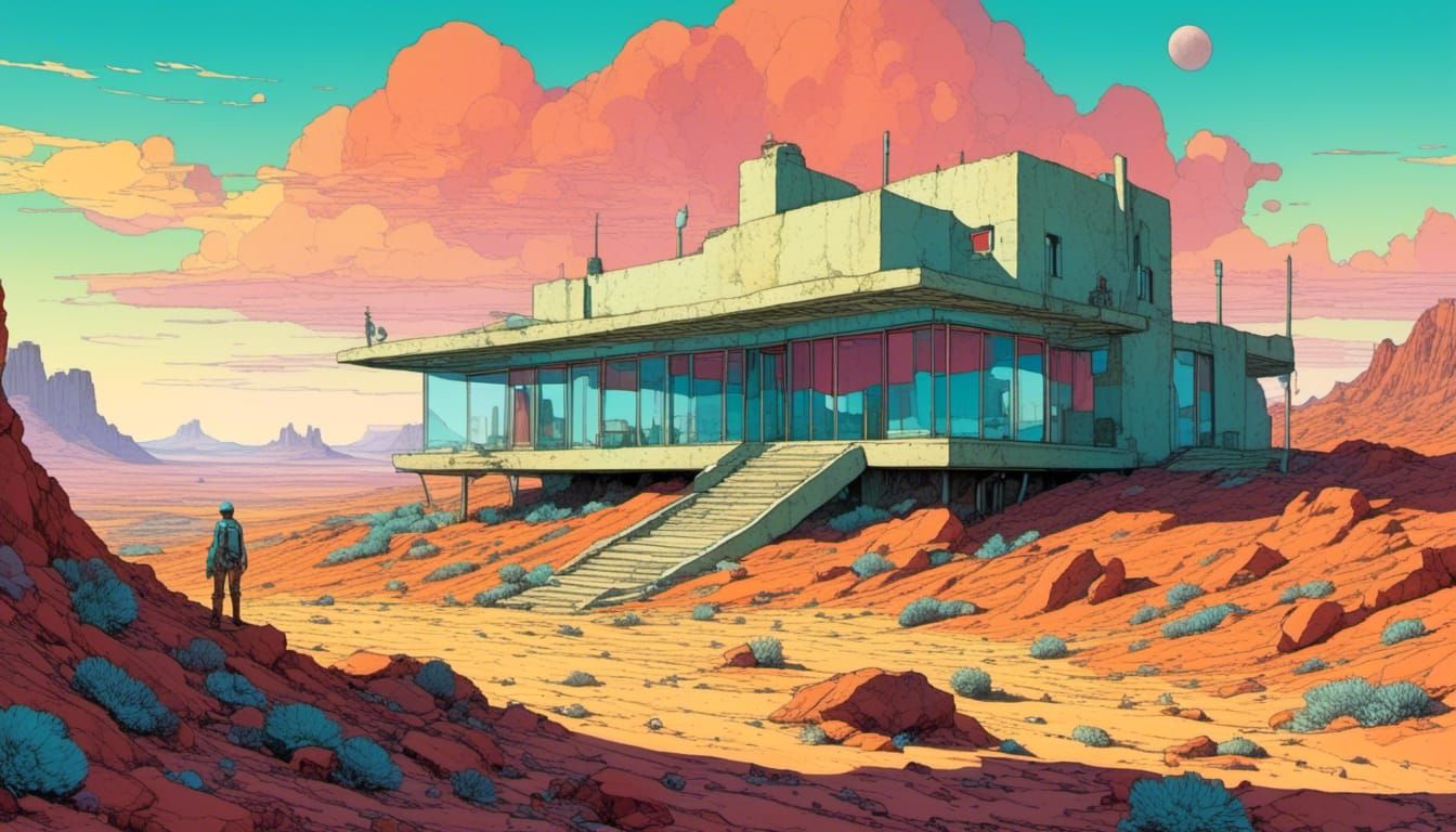Desert House in Surreal Moebius-Inspired Landscape