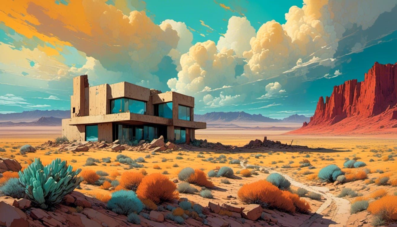 Desert Valley House in Oil Painting Style