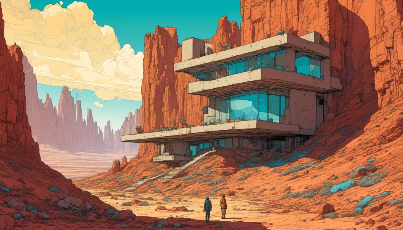 Desert House in Aquamarine Sky: Moebius-Inspired Art