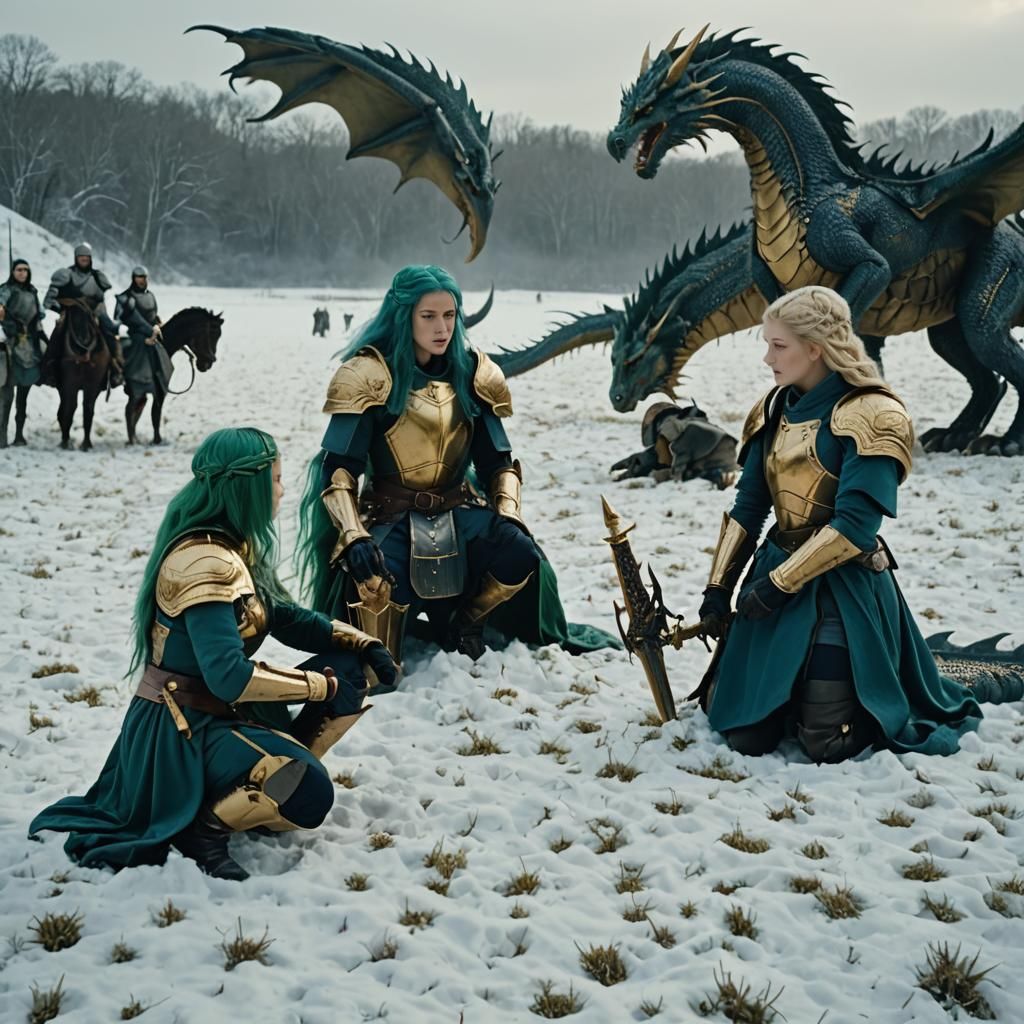 Knight on Dragon with Green-Haired Women in Snow