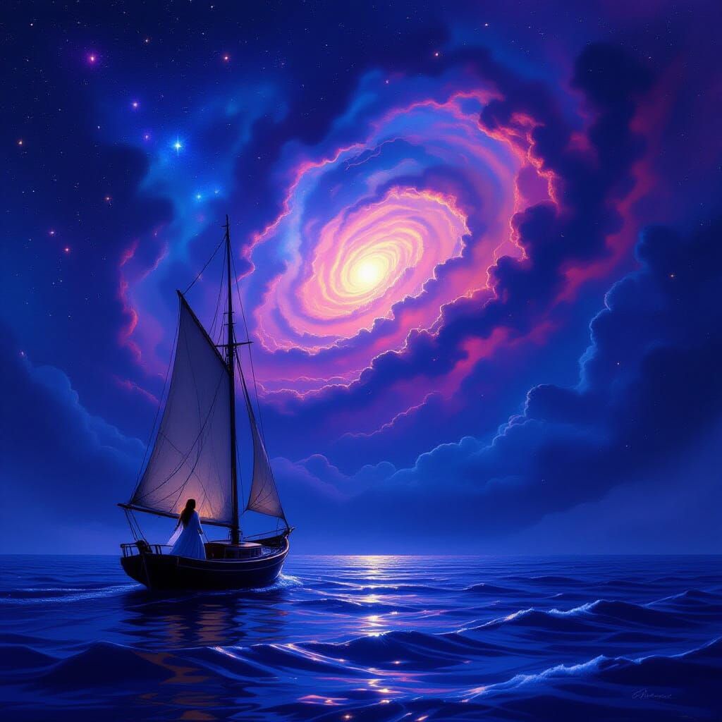 Sailboat on Starry Ocean Under Nebula