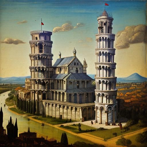 Leaning Tower of Pisa: 15th Century Steampunk Oil Painting