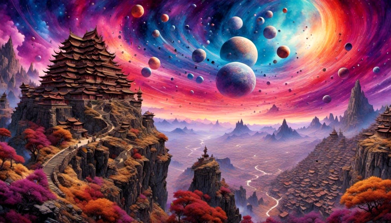 Epic Cosmic Warrior in Surreal Heavenly Landscape