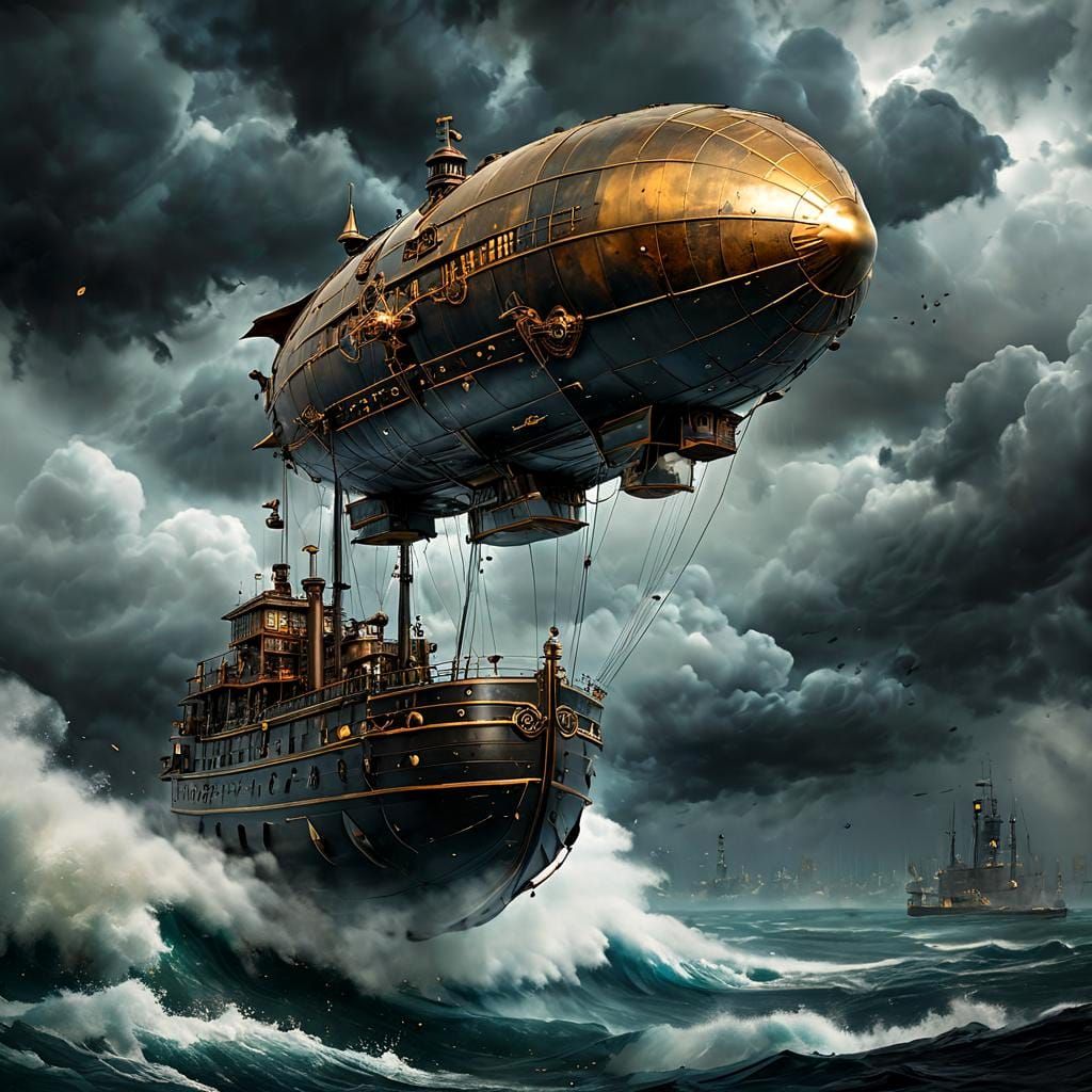 Steampunk Airship Versus Storm, Dramatic Ink Art