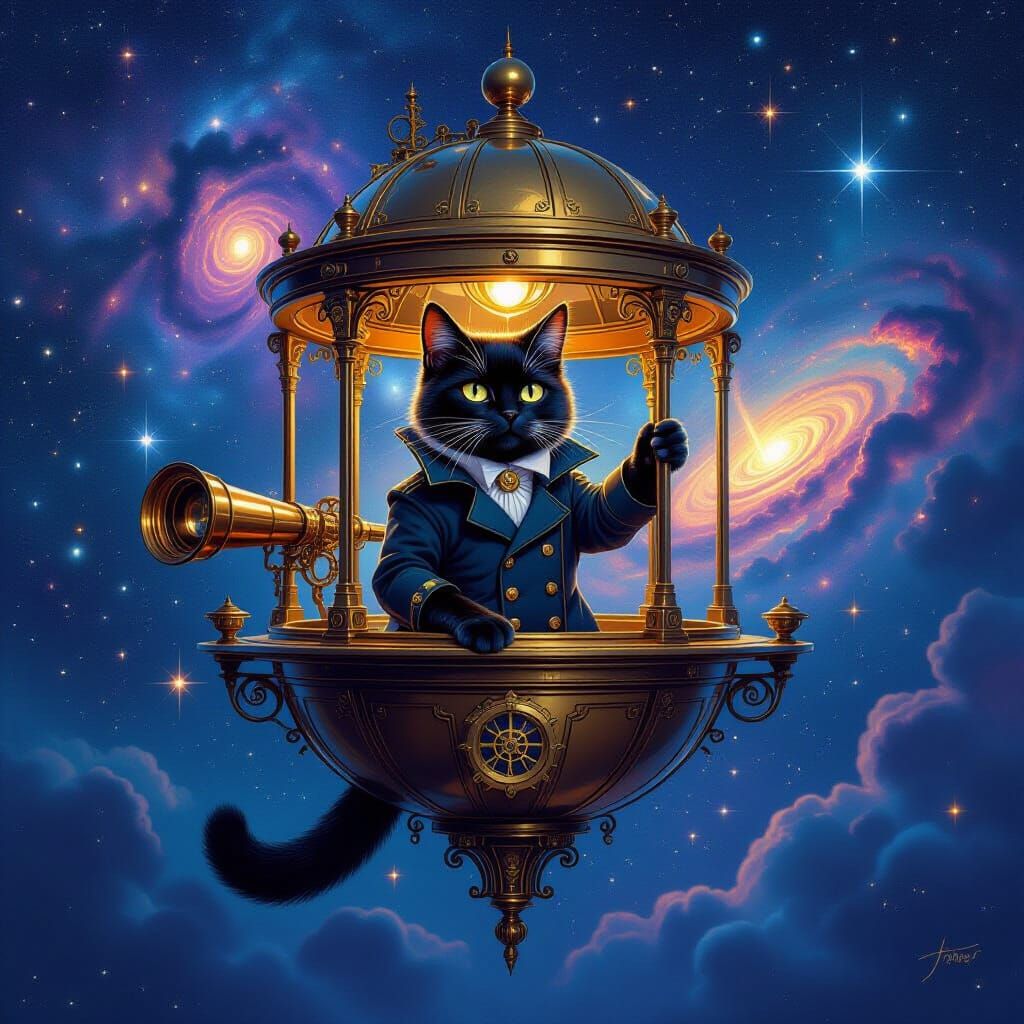 Celestial Cat Navigator in Floating Brass Observatory