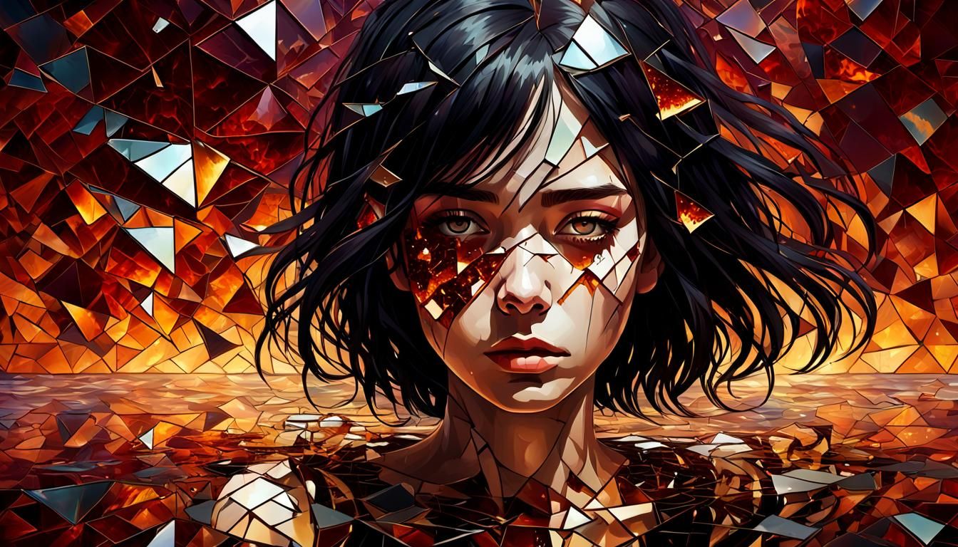 Sorrowful Woman in Shattered Mirror with Prismatic Fractals