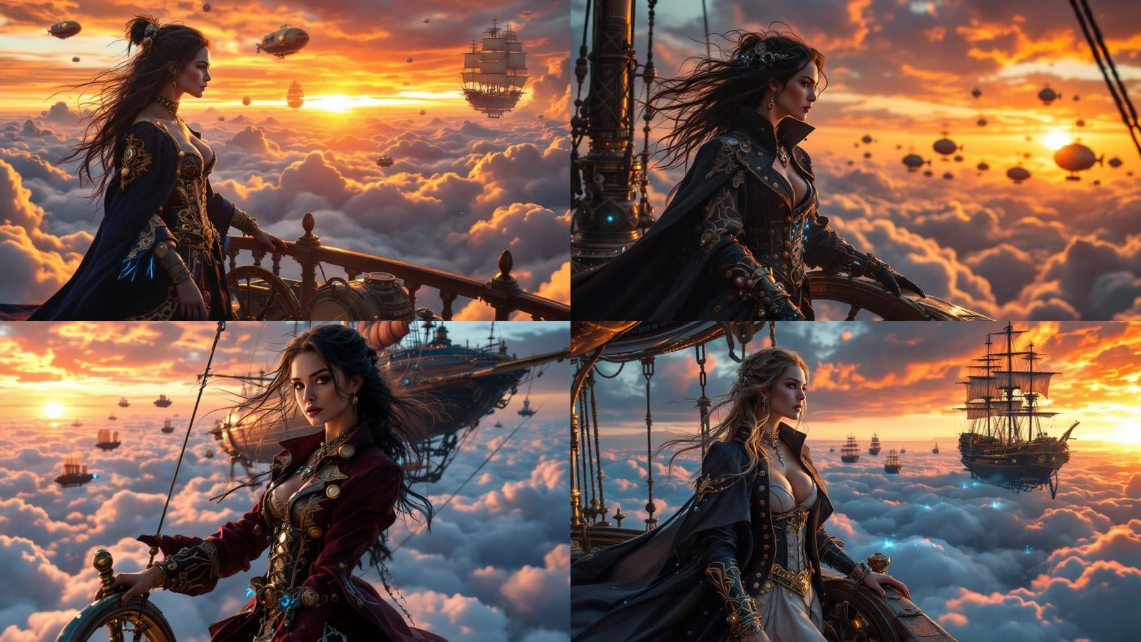 Pirate Queen Commands Airship Fleet at Sunset