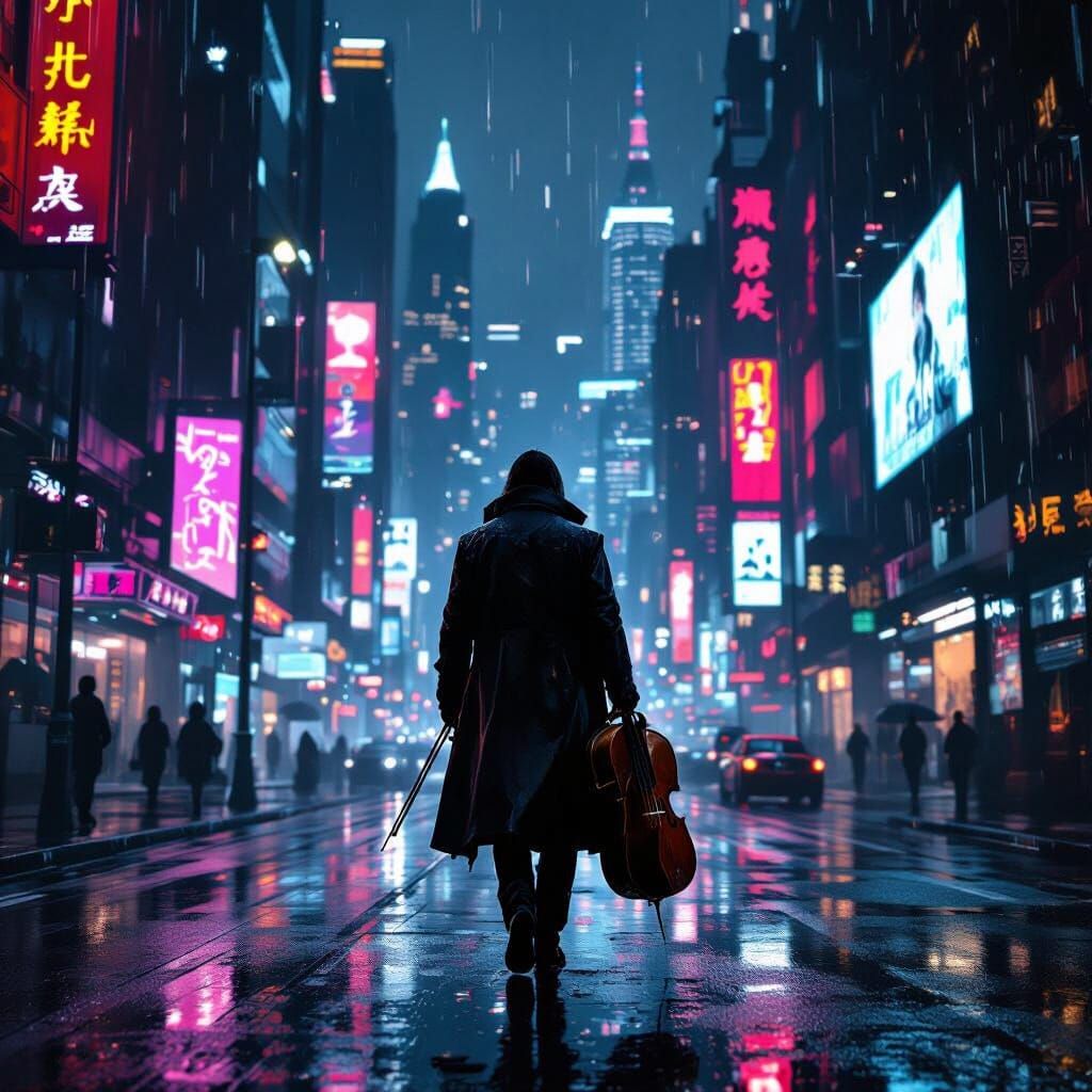 Musician in Neon Cyberpunk City at Night