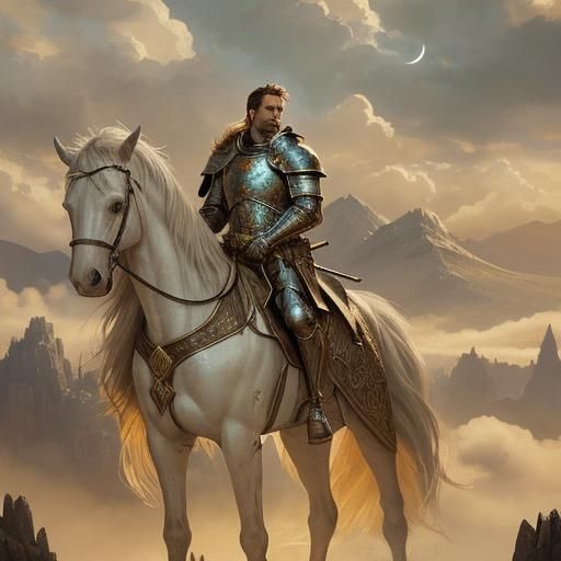Noble Knight in Misty Mountains, Fantasy Art