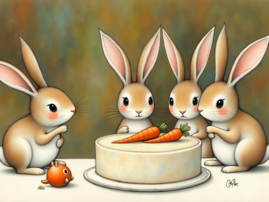 Charming Bunnies Enjoy a Delightful Carrot Cake in Whimsical...