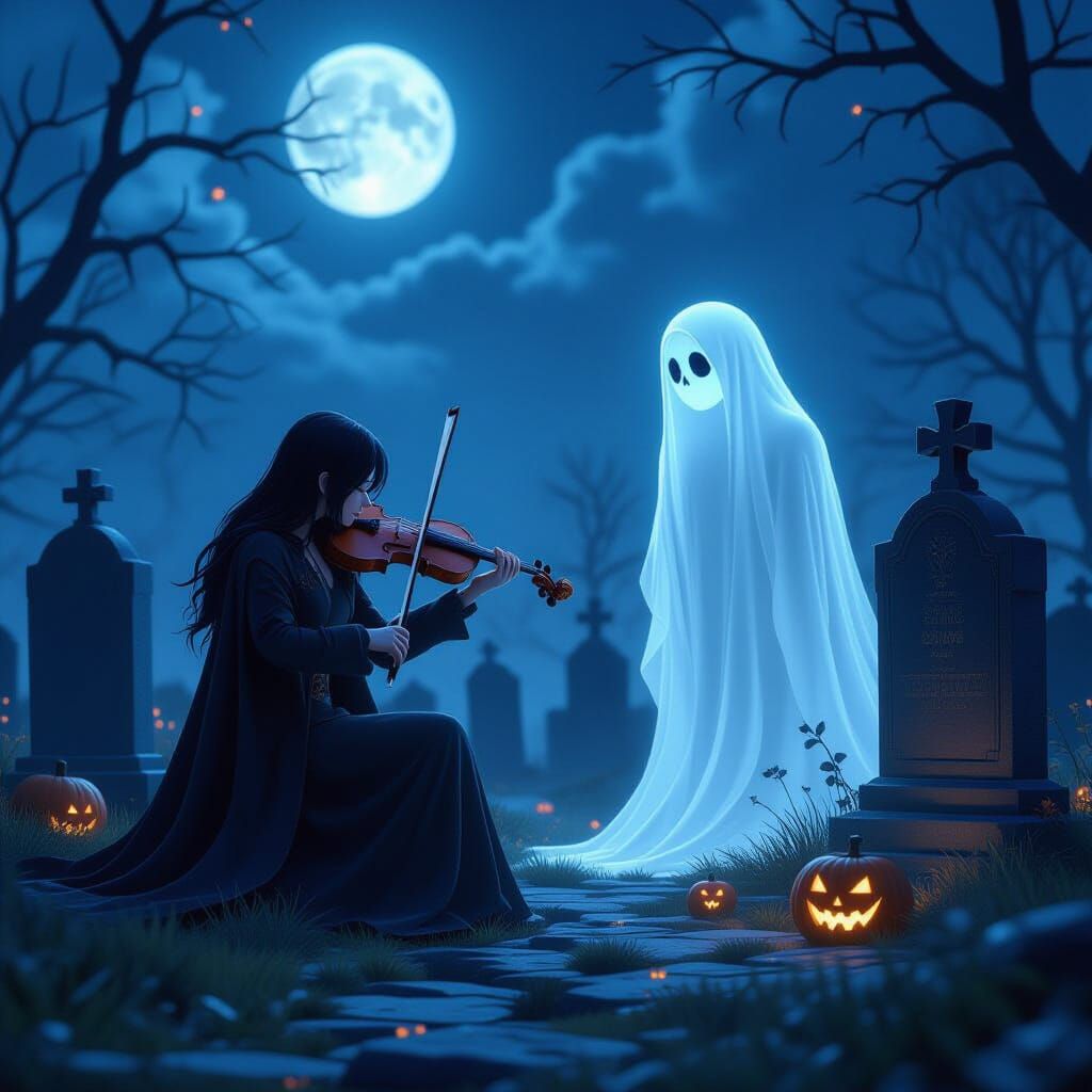 Moonlit Graveyard Serenade: Musician and Ghost on Halloween
