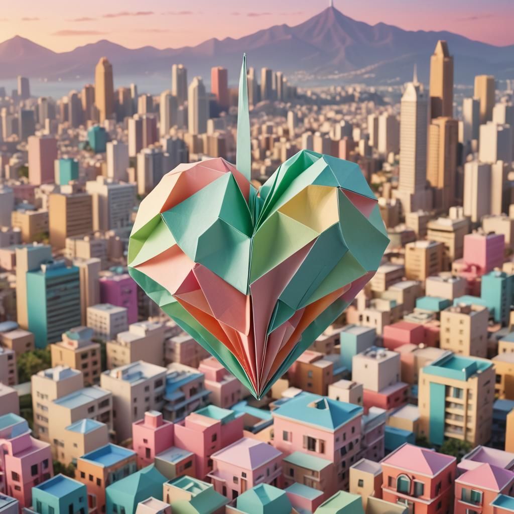Delicate Origami Heart Over Acapulco in Pastel Colors
