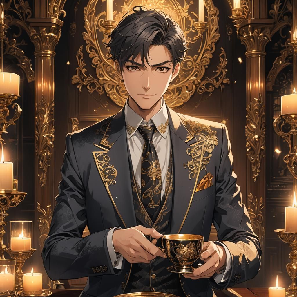 Anime Man with Cup in Dimly Lit Room