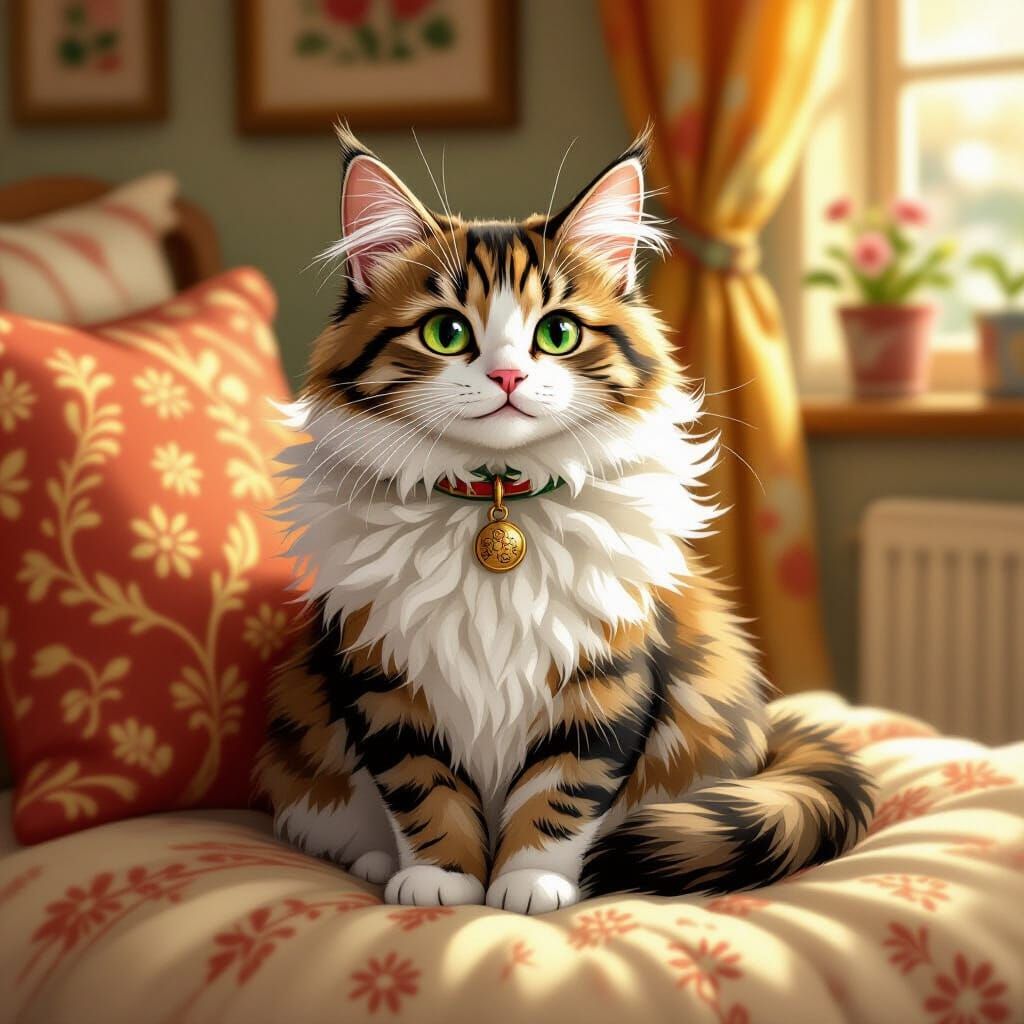 Adorable Cat with Fluffy Collar in Whimsical Style
