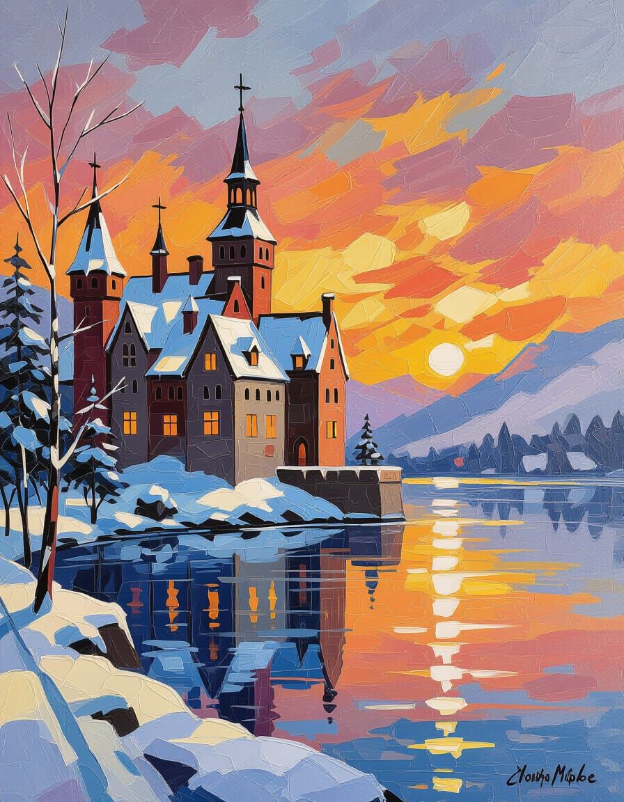 Gothic Winter Castle at Sunset in Impressionist Oil Style