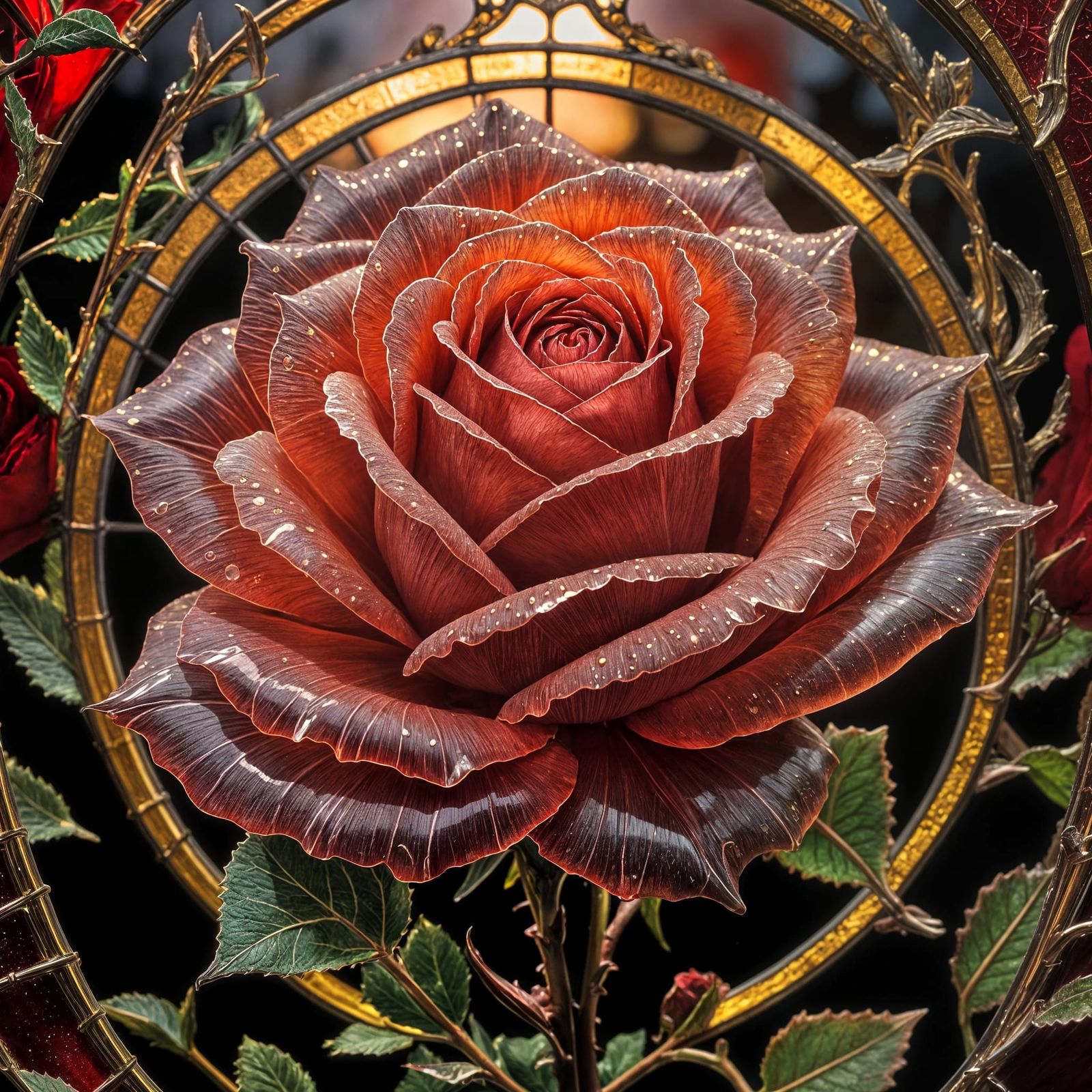 Translucent Red Rose with Golden Borders in Gothic Style