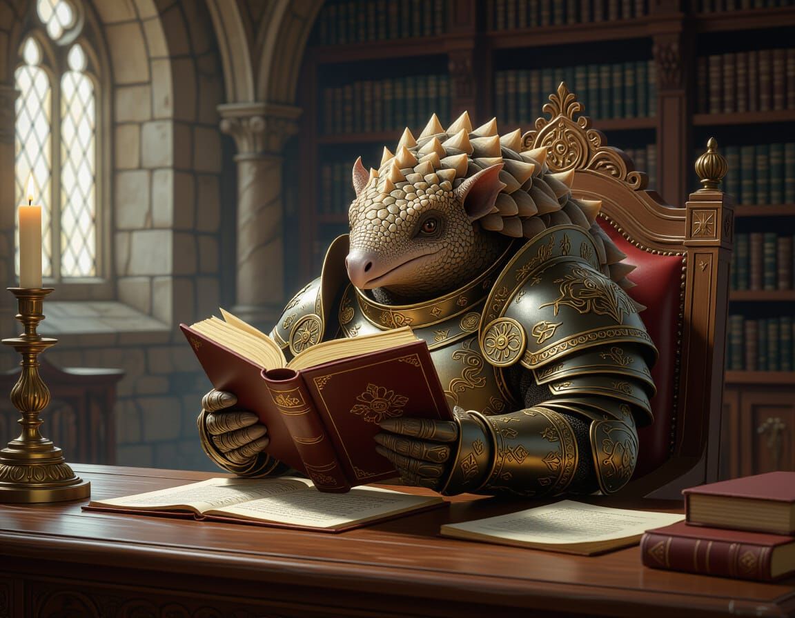 Medieval Fantasy Pangolin Reading in Castle