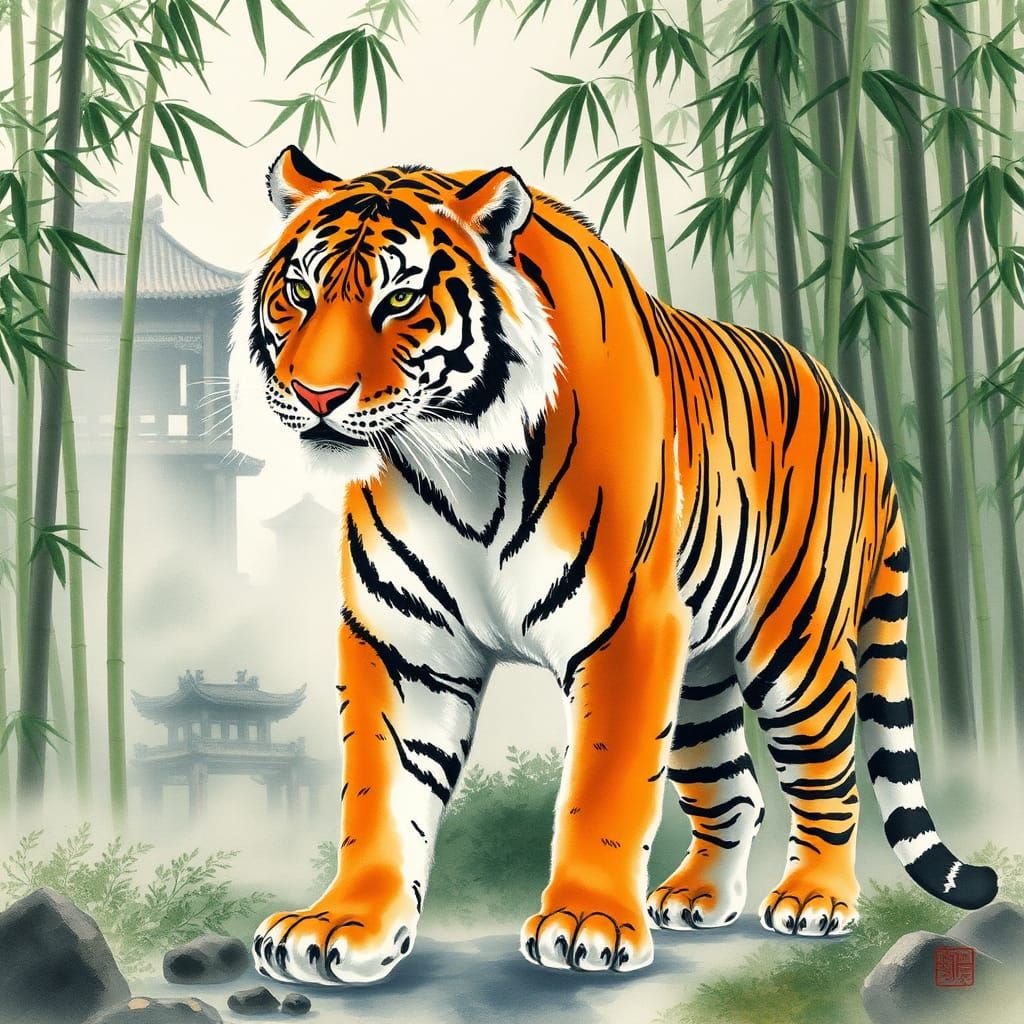 Majestic Chinese Tiger in Watercolor Bamboo Forest