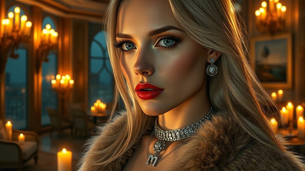 Ornate Portrait of Woman in Candlelit Penthouse