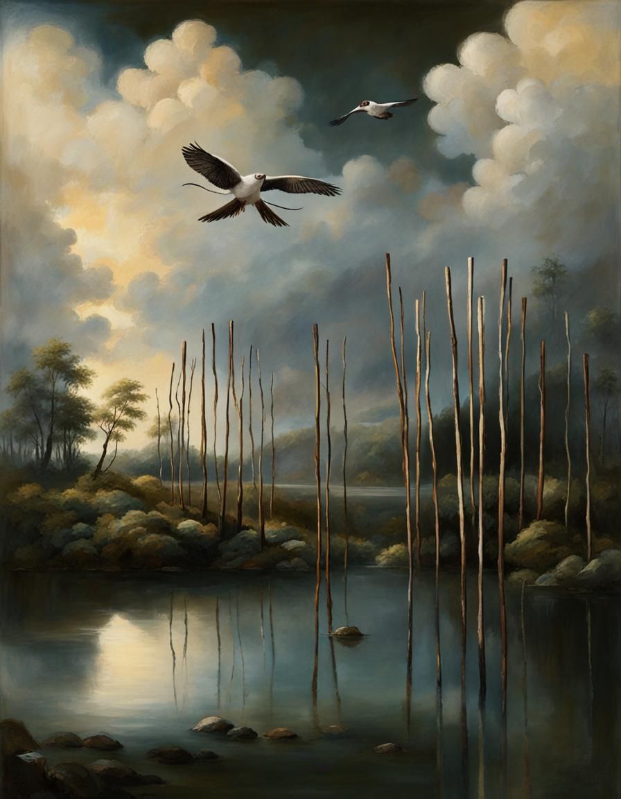 Flying Wooden Sticks in the Style of Boecklin