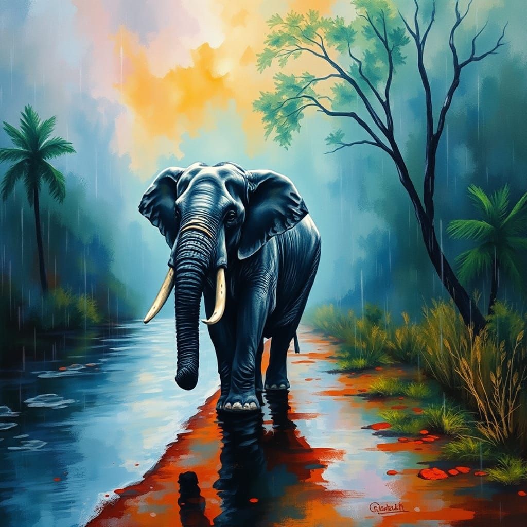 Elephant in Rainy River, Afremov Style Painting