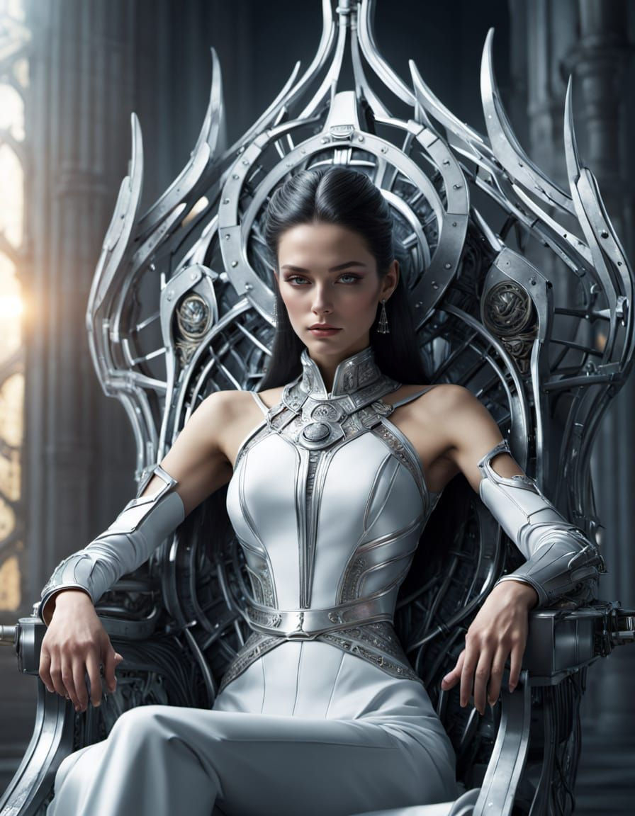 Transhumanist Queen on Light Throne in Photorealistic Style