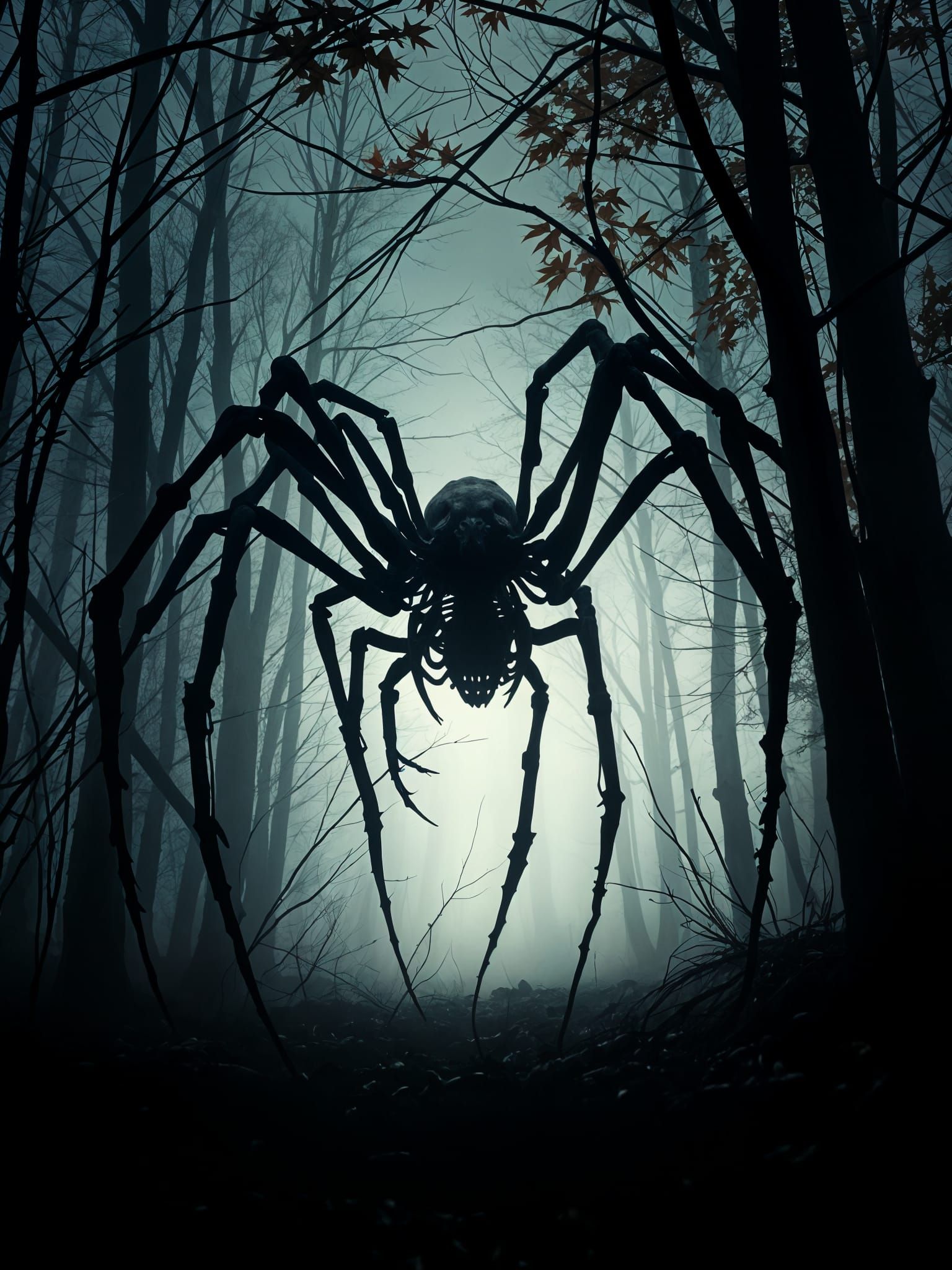 Surreal Tarantula Monster Emerges from Dark Autumn Shadows