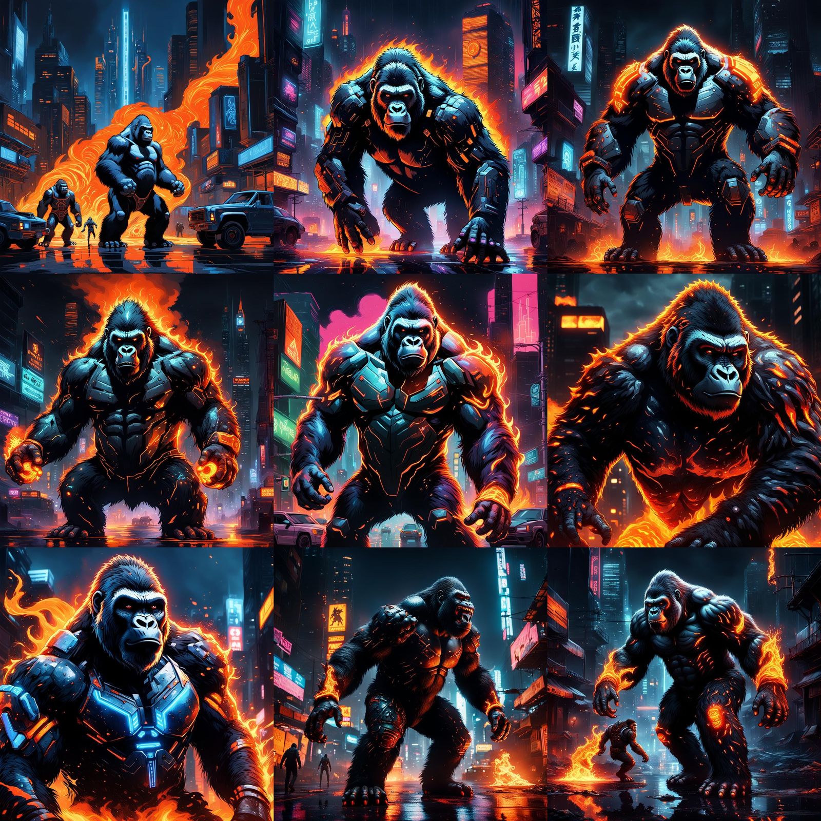Armored Gorilla Fights Fiery Beast in Cyberpunk City