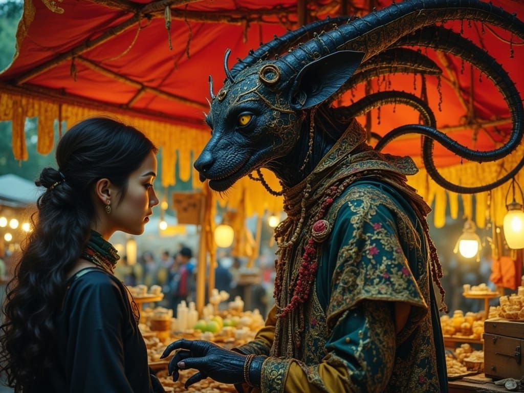 Tamed Demon at Magical Market in Art Nouveau Style