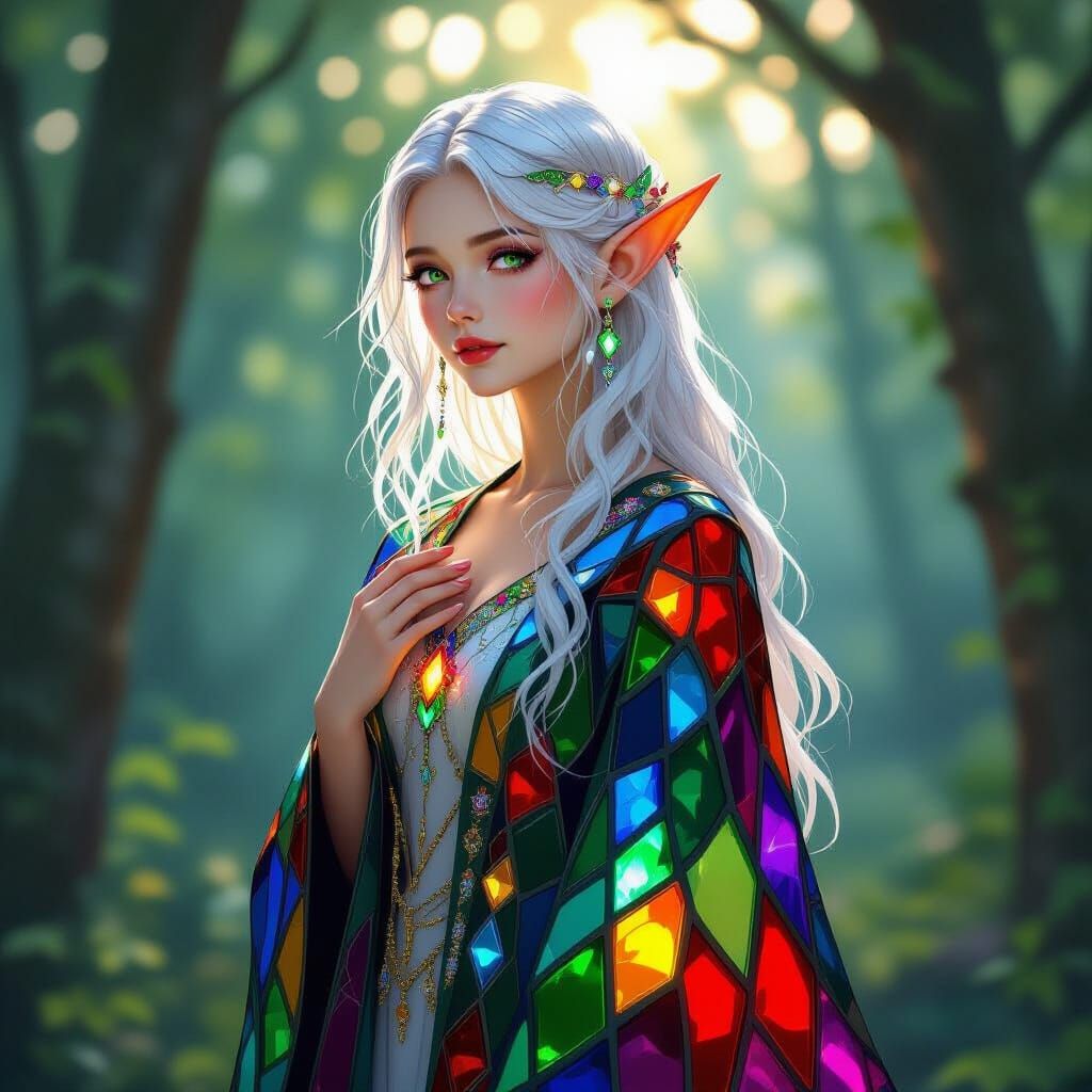 Elf Girl in Stained Glass Coat, Ethereal Digital Art