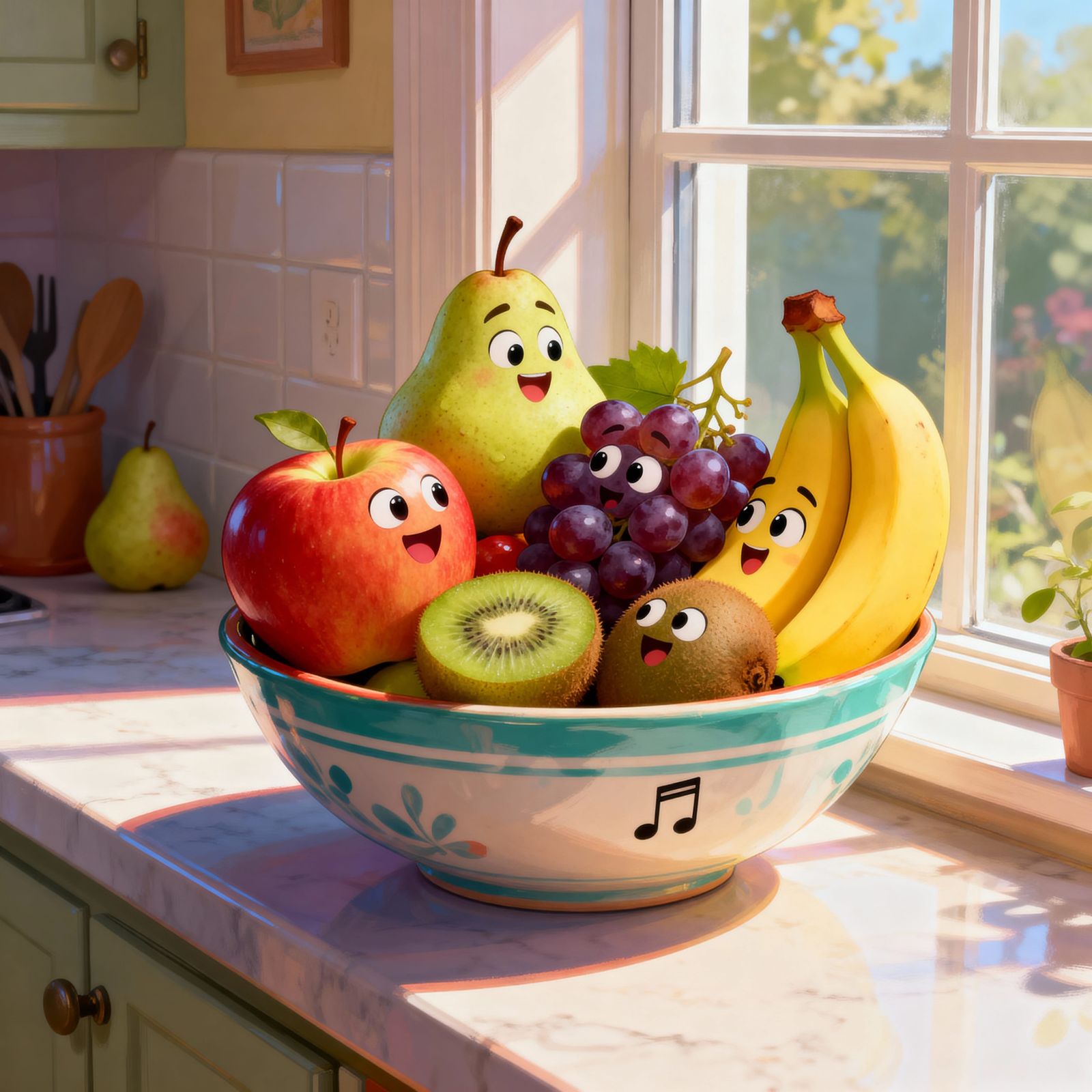 Living Fruits Chatting in a Kitchen Window