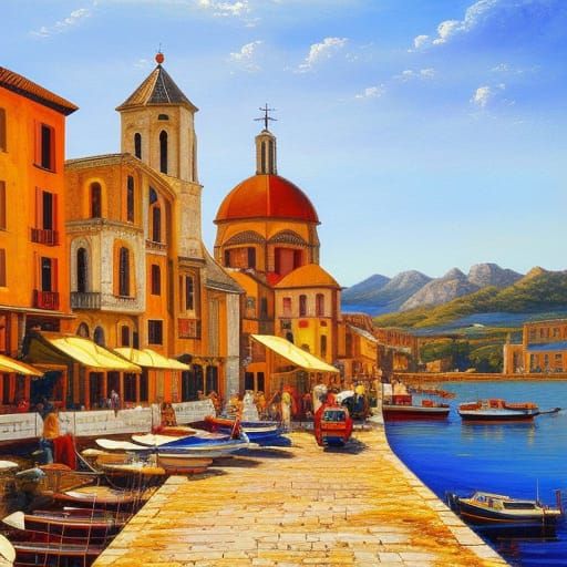 Island City, Medieval Italy, Breathtaking Oil Painting