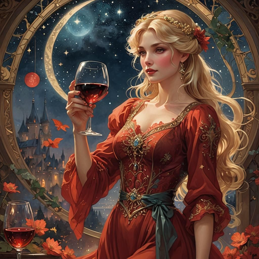 Blonde Woman in Red Dress, Alphonse Mucha Style