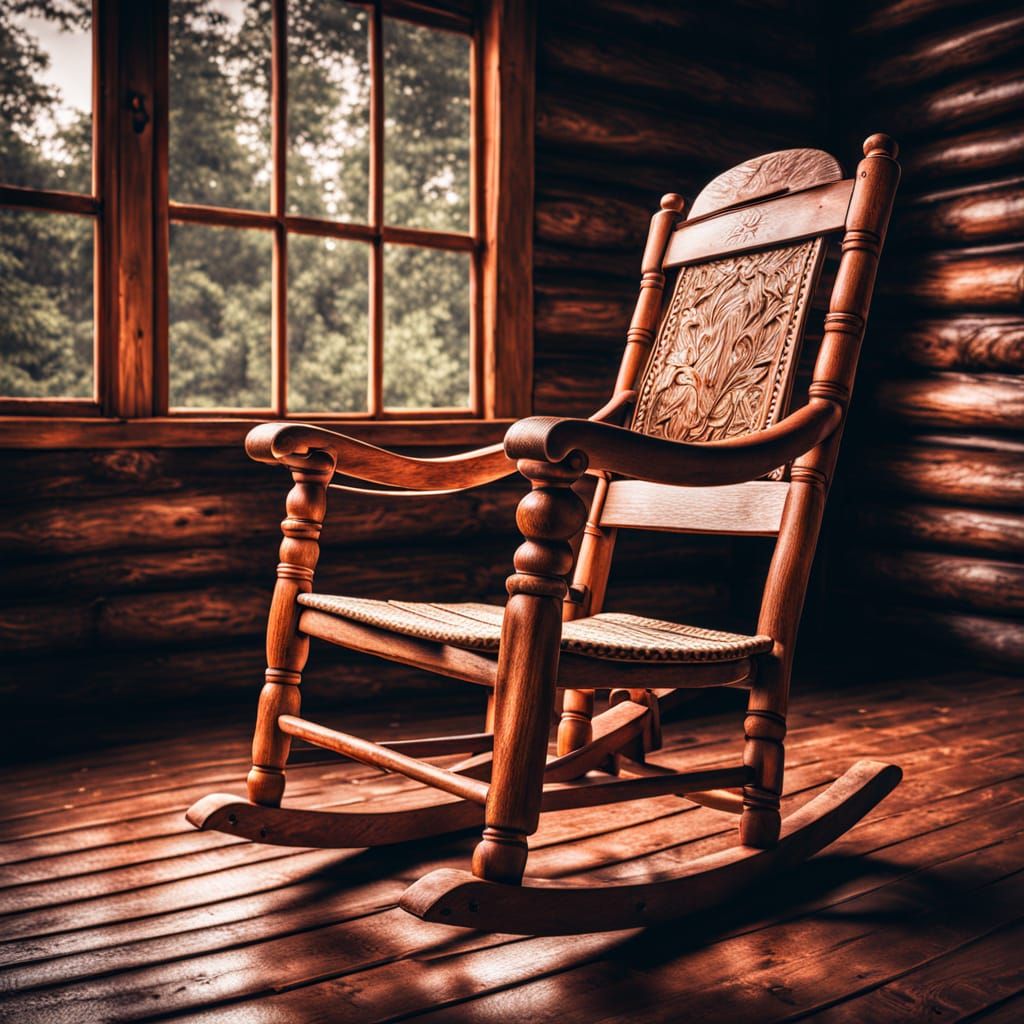 Hyperrealistic Wooden Rocking Chair in Moody Log Cabin