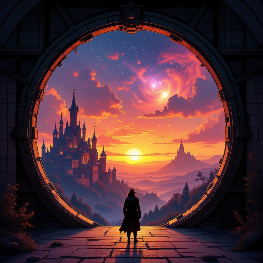 Steampunk Portal to Sunset Fantasy Landscape
