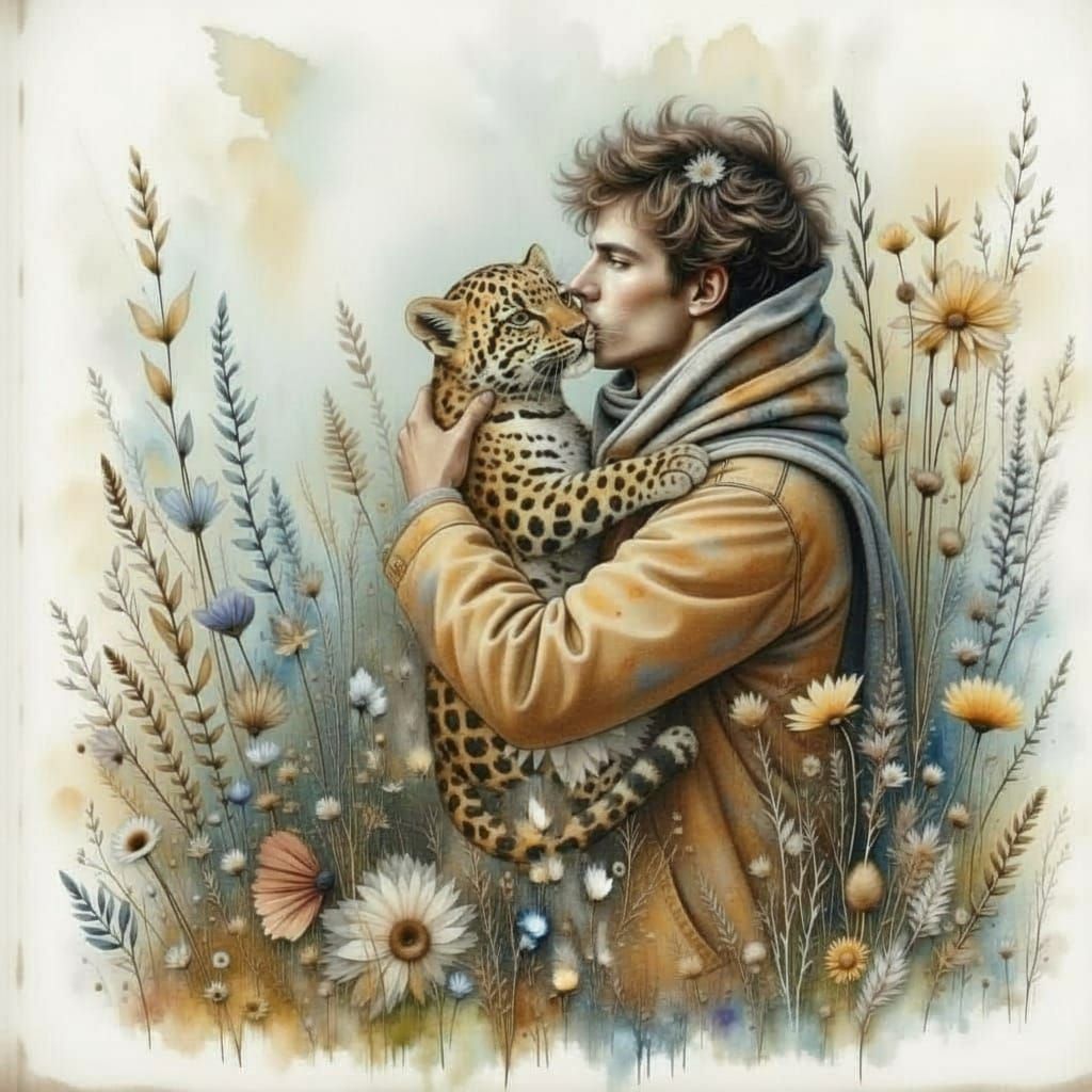 Man and Animal in Nature Watercolor Painting