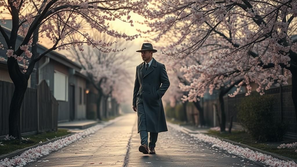 Melancholy Man Walks Cherry Blossom Path