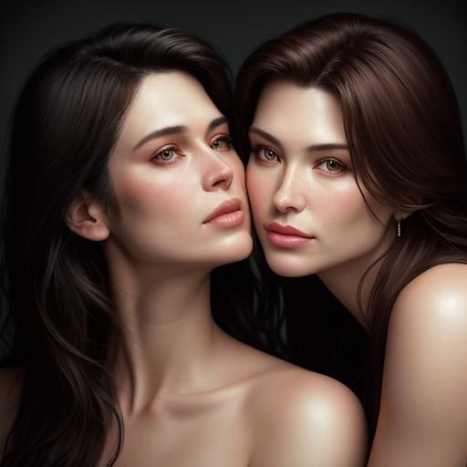 Over-detailed and over-realistic a shirtless young woman kissing her lesbian lover in a waist up picture,
Close-up portr...