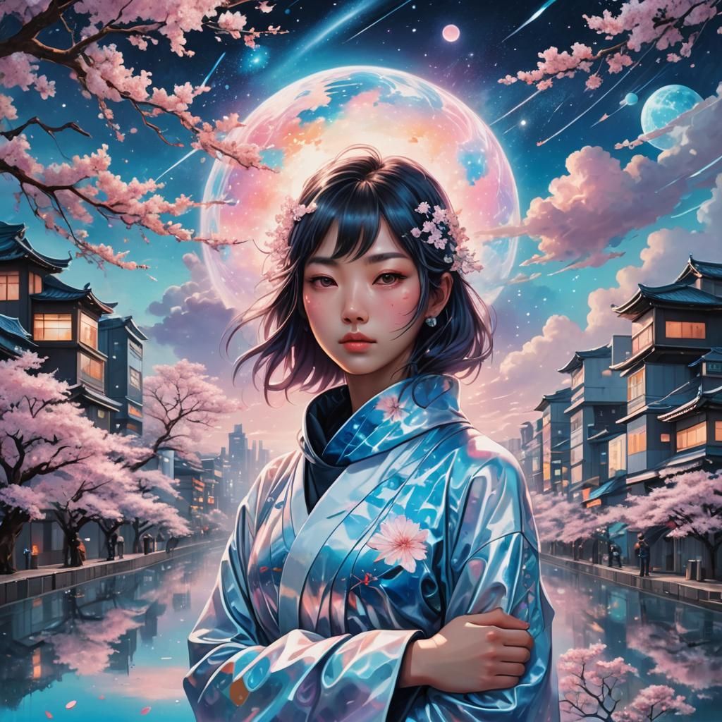 Futuristic Japanese Girl in Cosmic Cityscape