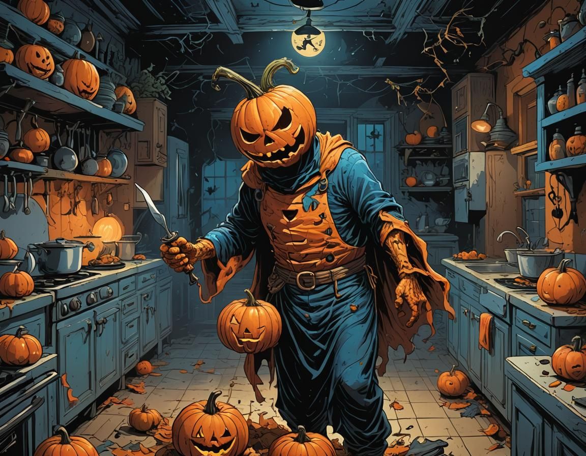 Pumpkin Figure in Kitchen, Comic Art Style